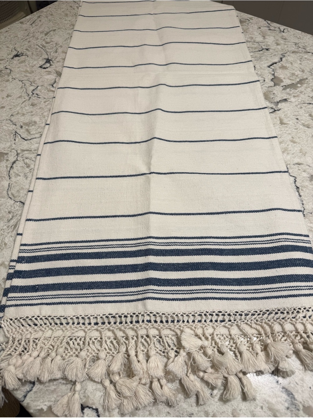 Pottery Barn Jackson Stripe Cotton Table Runner 18 x 90 Ivory Navy Blue Fringe